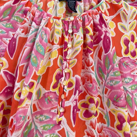 Ralph Lauren CHAPS Womens Blouse Top XS Sheer Chiffon Orange Pink Floral Popover - Picture 3 of 8